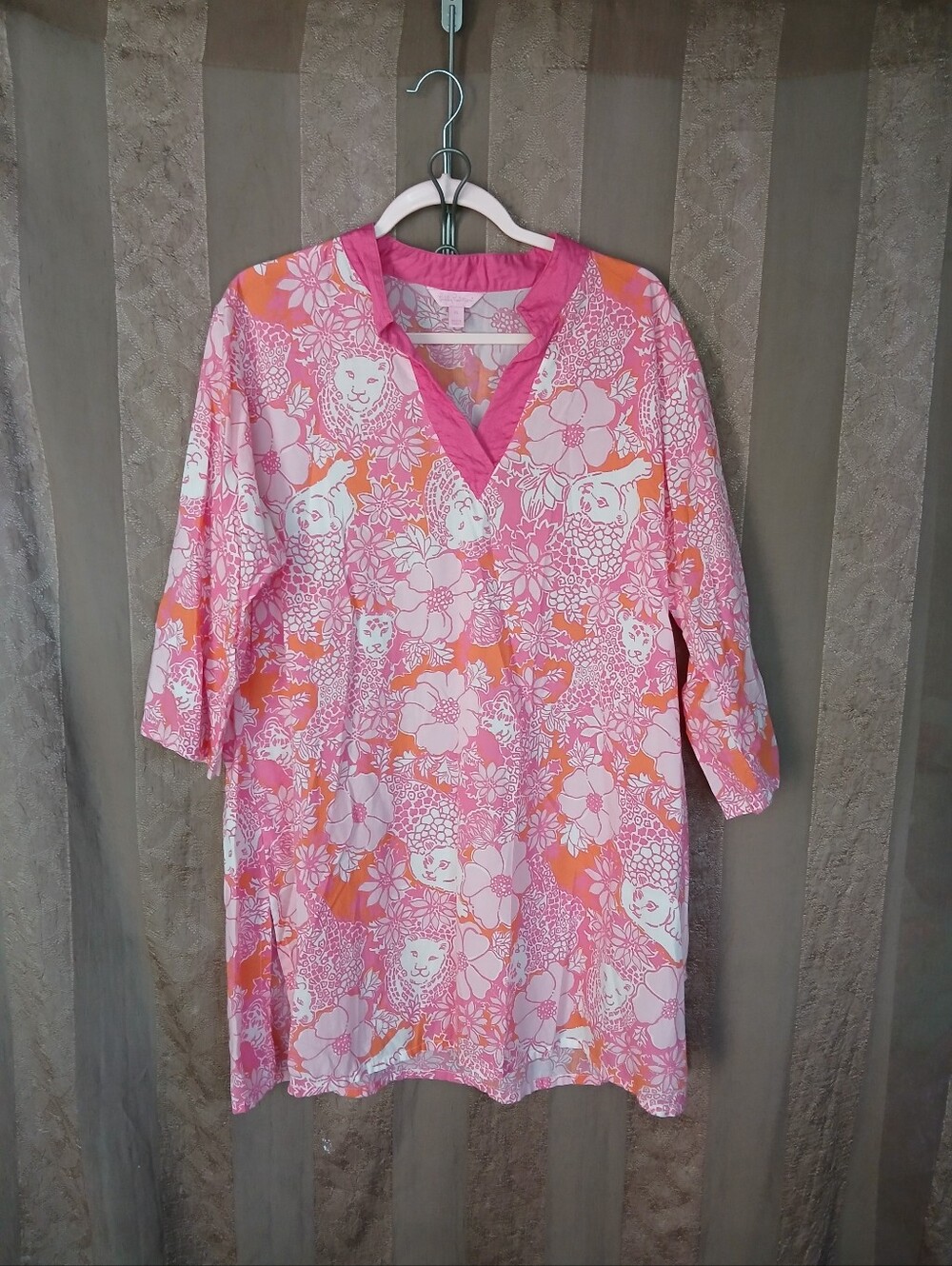 💎 Lilly Pulitzer Women's Top Pink Floral Tunic Orange Accents #0488